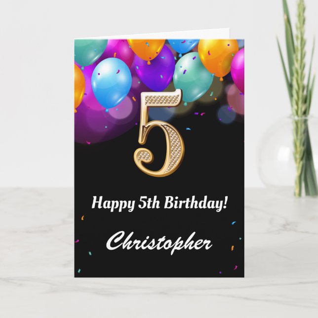 5th Birthday Black and Gold Colourful Balloons Car Card (Front)
