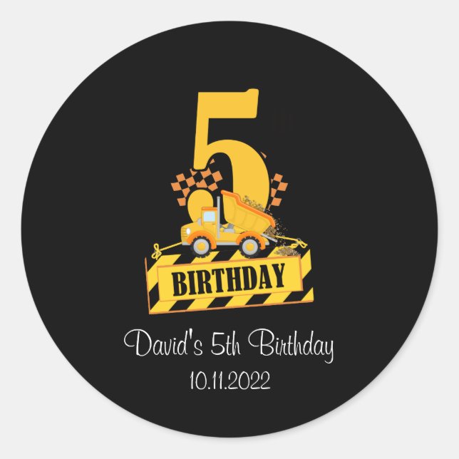 5th Birthday Black and Yellow Construction Truck  Classic Round Sticker (Front)