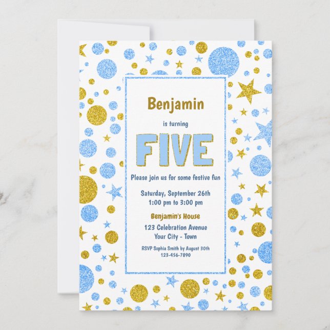5th Birthday Blue and Gold Glitter Party Invitation (Front)