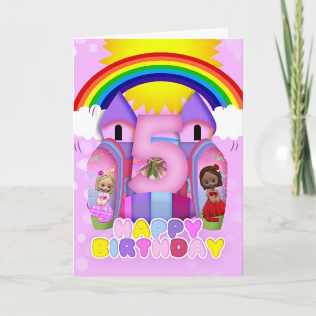 5th Birthday Bouncy Castle Greeting Card For Girls (Front)