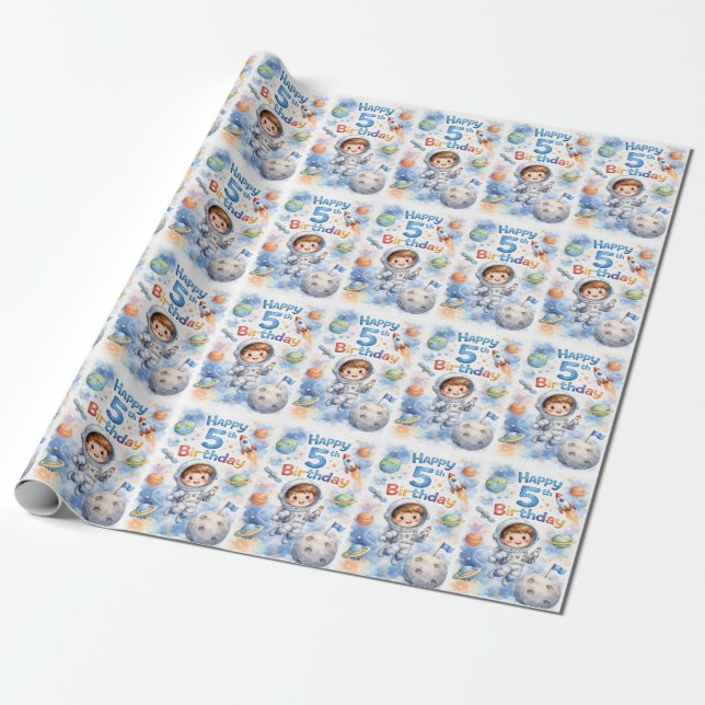5th Birthday Boy Astronaut Blast off Planets Wrapping Paper (Unrolled)