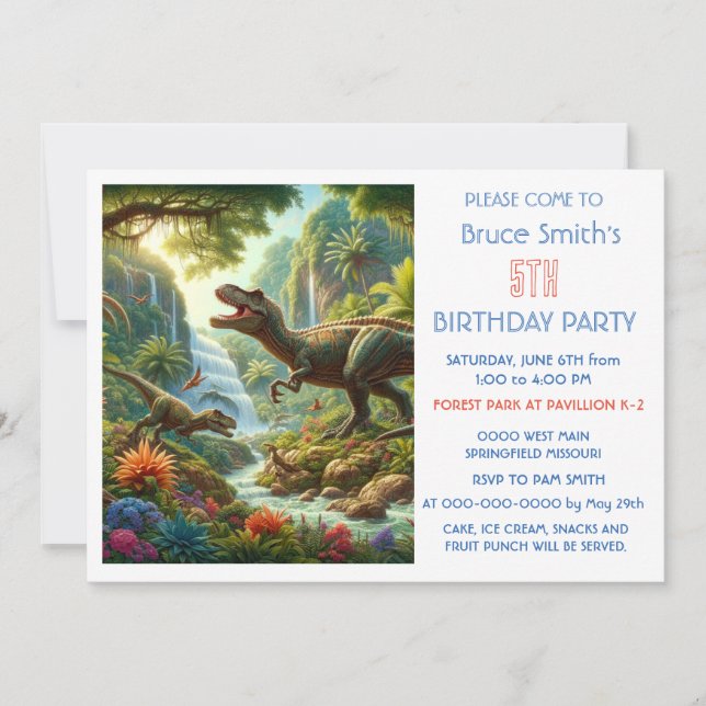 5th Birthday Boy Dinosaur Party   Invitation (Front)