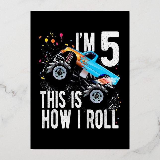 5th Birthday Boy Monster Truck Foil Holiday Card (Front)