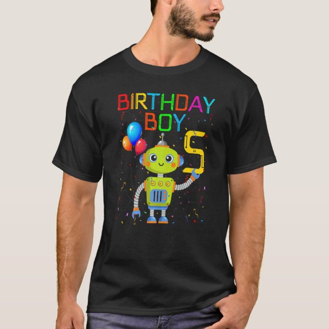 5th Birthday Boy Robotics 5 Years Old Robots Theme T-Shirt (Front)