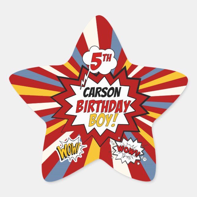 5th Birthday Boy Superhero Comic with Name Star Sticker (Front)