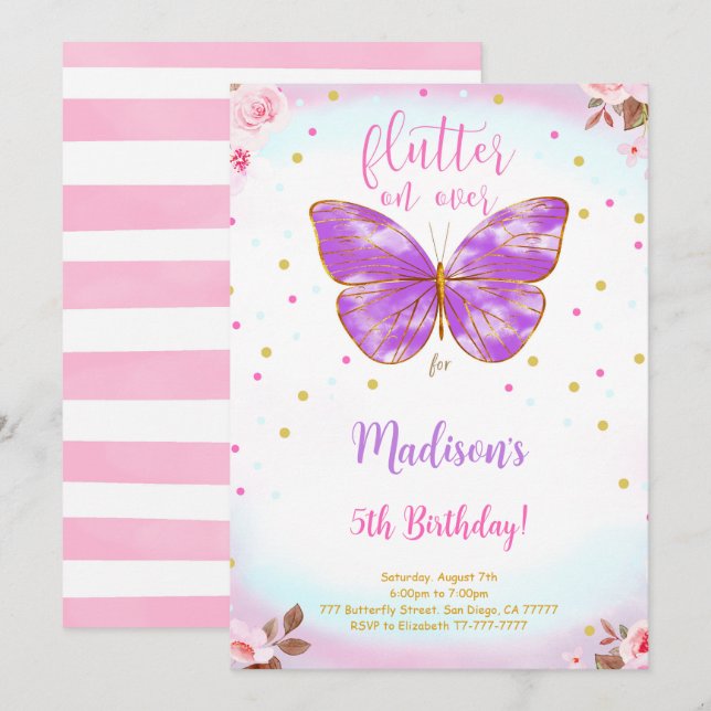 5th Birthday Butterfly Invitation (Front/Back)