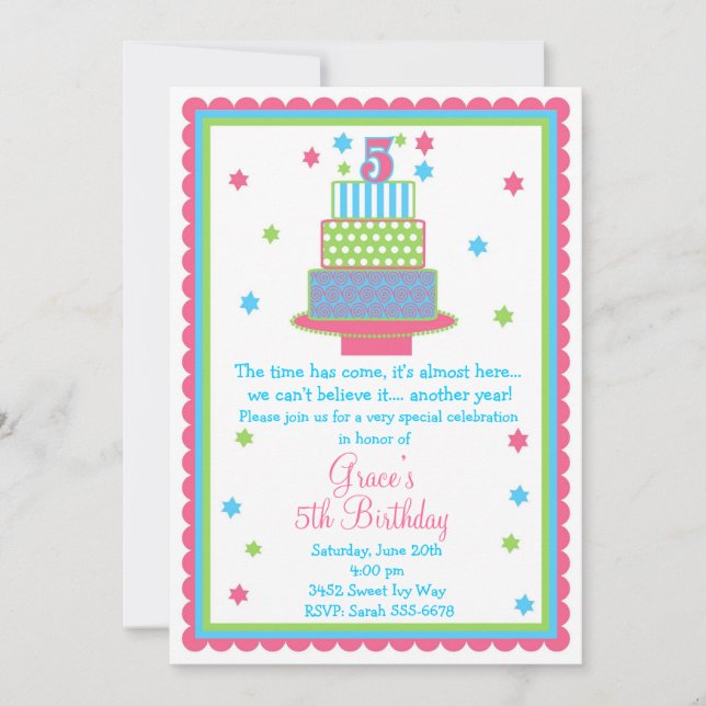 5th Birthday Cake Party Invitation (Front)