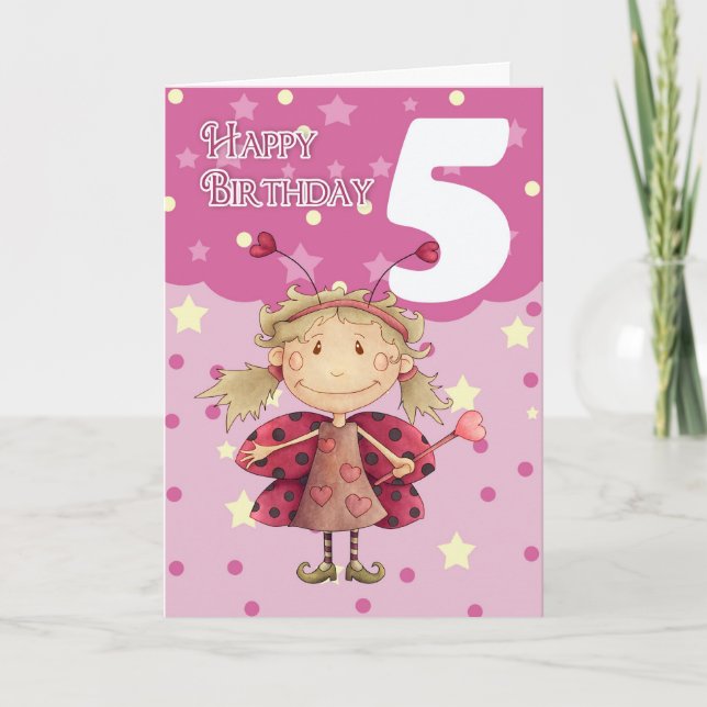 5th birthday card with cute ladybug fairy (Front)