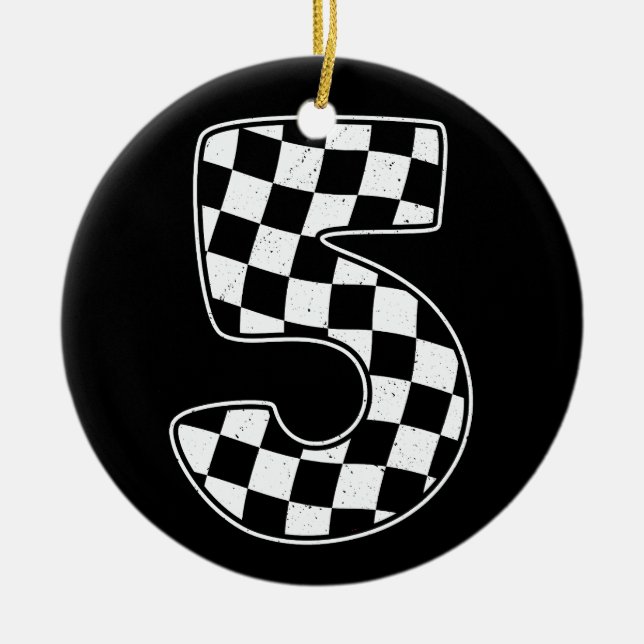 5th Birthday Chequered Number 5 Car Racing Flag  Ceramic Tree Decoration (Front)