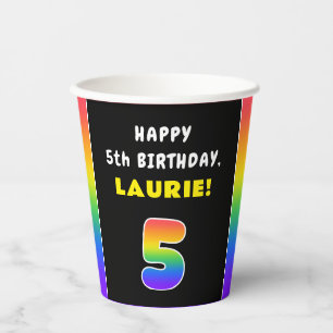 5th Birthday: Colorful Rainbow # 5, Custom Name Paper Cups