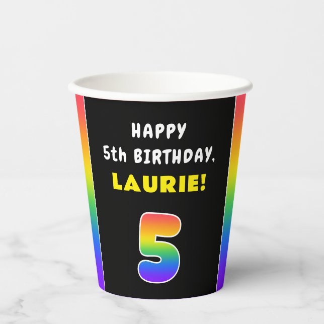 5th Birthday: Colorful Rainbow # 5, Custom Name Paper Cups (Front)