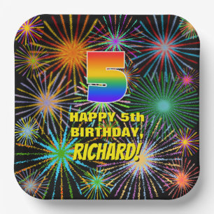 5th Birthday: Colourful, Fun Celebratory Fireworks Paper Plate