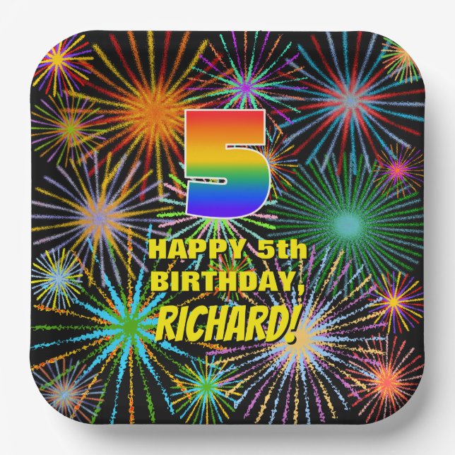 5th Birthday: Colourful, Fun Celebratory Fireworks Paper Plate (Front)