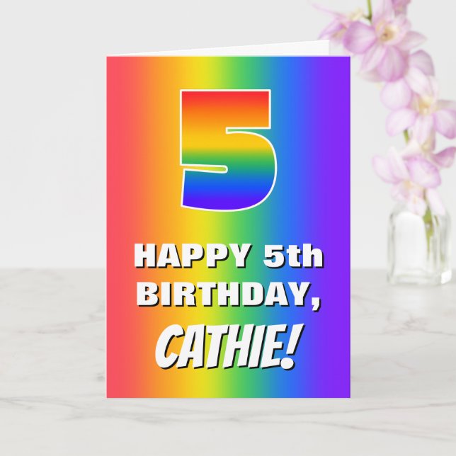 5th Birthday: Colourful, Fun Rainbow Pattern # 5 Card (Orchid)