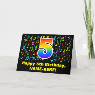 5th Birthday - Colourful Music Symbols & Rainbow 5 Card