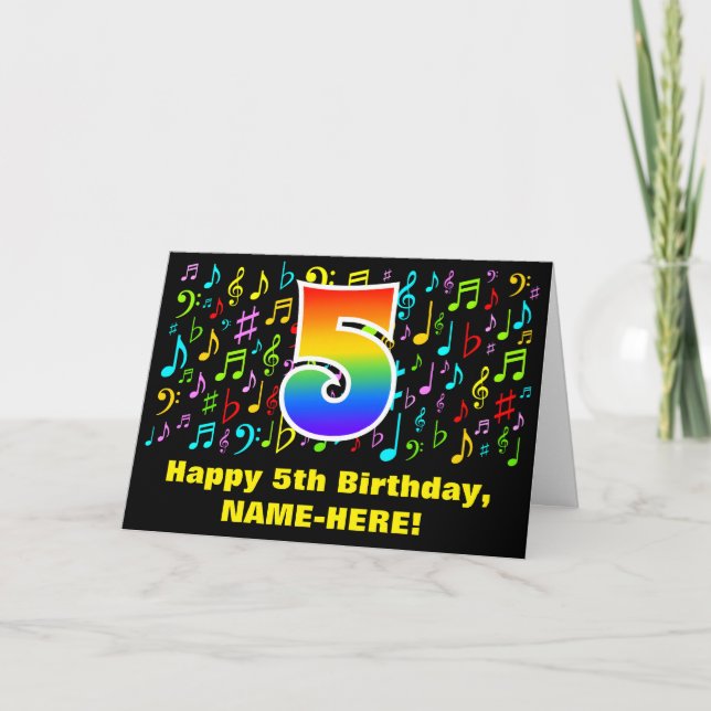 5th Birthday - Colourful Music Symbols & Rainbow 5 Card (Front)