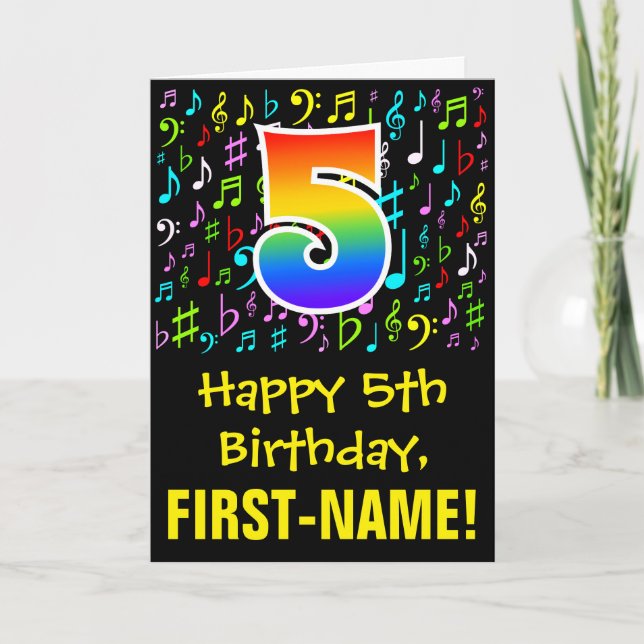 5th Birthday: Colourful Music Symbols + Rainbow 5 Card (Front)