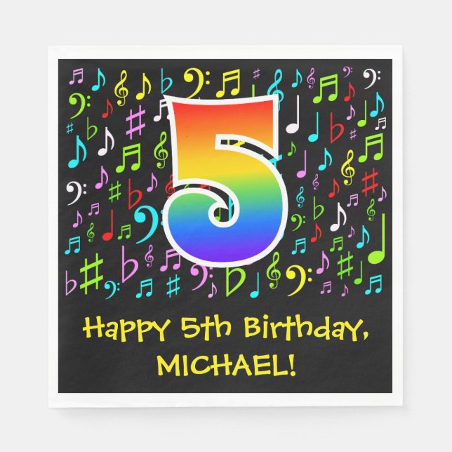 5th Birthday - Colourful Music Symbols, Rainbow 5 Napkin (Front)