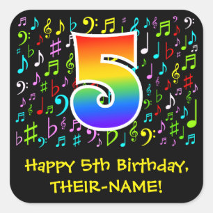 5th Birthday: Colourful Music Symbols, Rainbow 5 Square Sticker