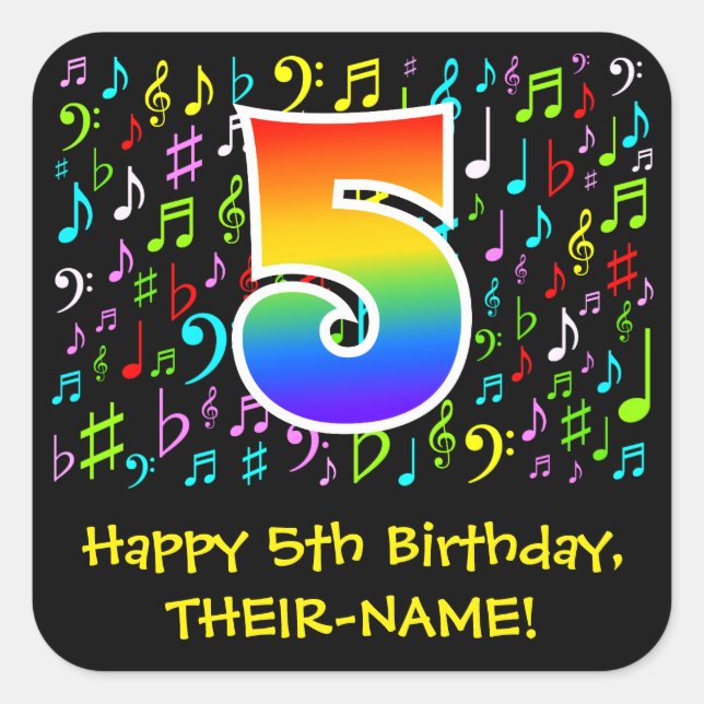 5th Birthday: Colourful Music Symbols, Rainbow 5 Square Sticker (Front)