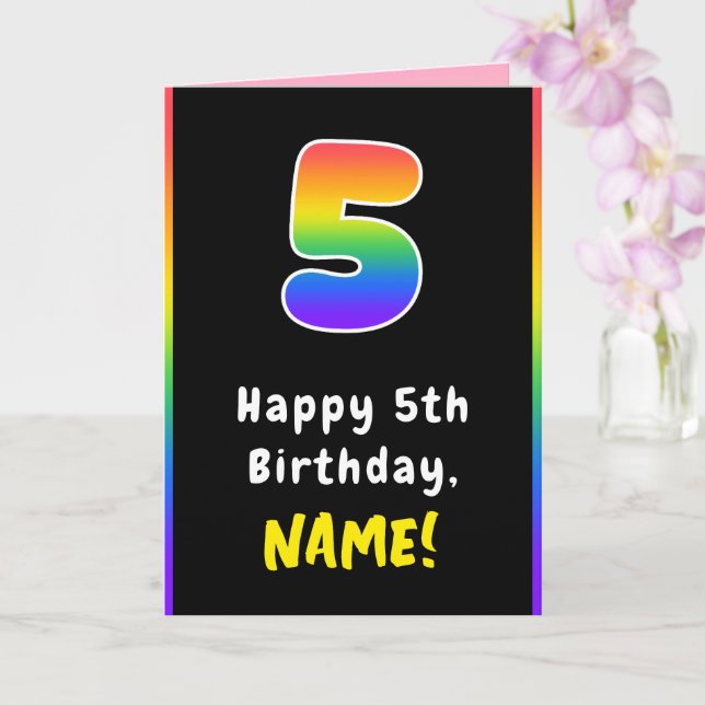 5th Birthday: Colourful Rainbow # 5, Custom Name Card (Orchid)