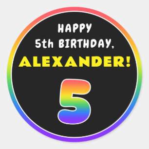 5th Birthday: Colourful Rainbow # 5, Custom Name Classic Round Sticker