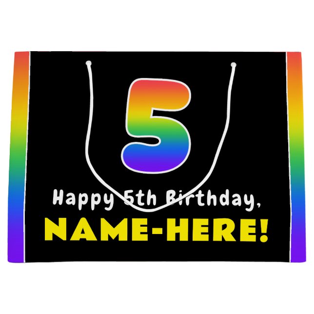 5th Birthday: Colourful Rainbow # 5, Custom Name Large Gift Bag (Front)