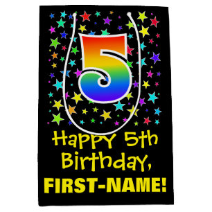 5th Birthday: Colourful Stars Pattern & Rainbow 5 Medium Gift Bag