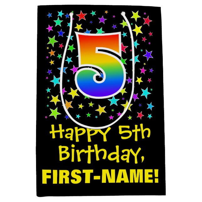 5th Birthday: Colourful Stars Pattern & Rainbow 5 Medium Gift Bag (Front)