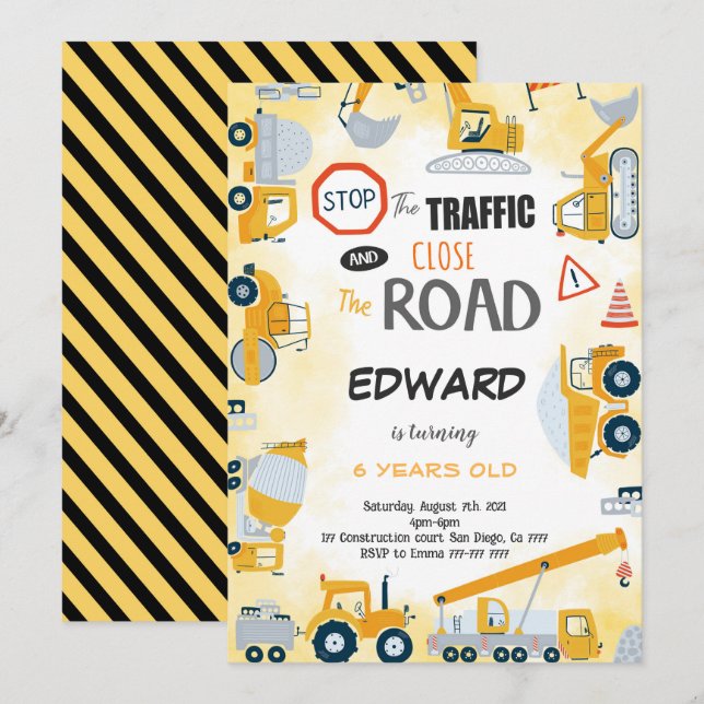 5th Birthday Construction Boy Invitation (Front/Back)