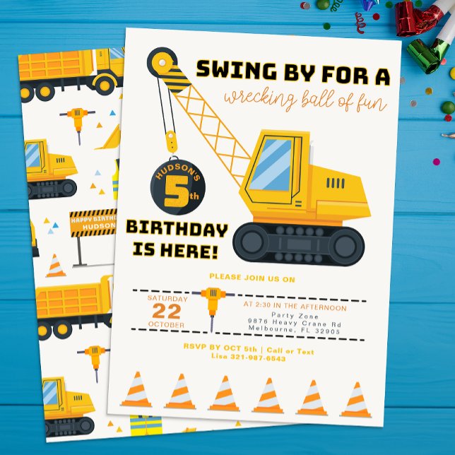 5th Birthday Construction Crane Invitation  (Construction Vehicle Birthday Party)