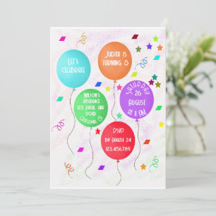 5th birthday counting colourful balloons invitation