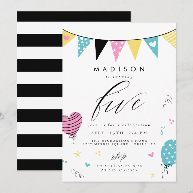 5TH BIRTHDAY | Cute Doodle Birthday Party Invitation (Front/Back)