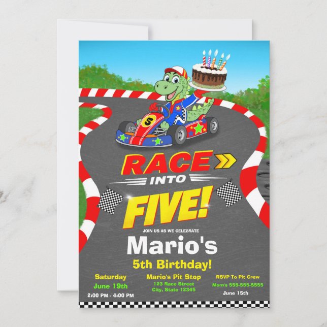 5th Birthday Dinosaur Race Car Ready Set Invite (Front)