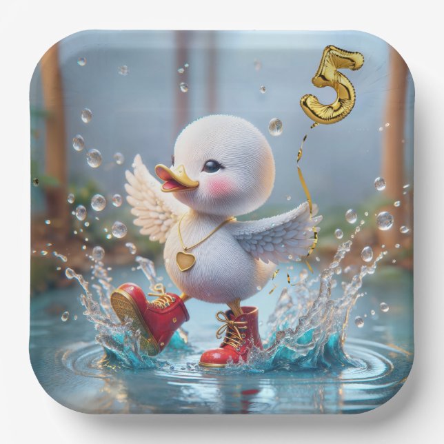 5th Birthday Duck Dancing In a Rain Puddle Paper Plate (Front)