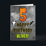 5th Birthday: Eerie Halloween Theme   Custom Name Card<br><div class="desc">The front of this scary and spooky Hallowe’en themed birthday greeting card design features a large number “5”. It also features the message “HAPPY BIRTHDAY, ”, and a personalised name. There are also depictions of a bat and a ghost on the front. The inside features a customised birthday greeting message,...</div>