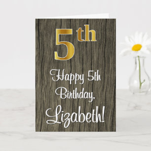 5th Birthday: Elegant Faux Gold Look #, Faux Wood Card