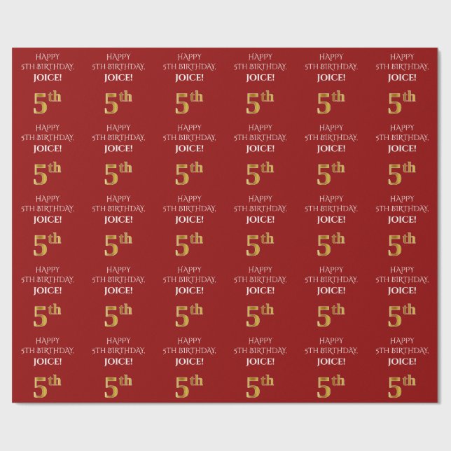 5th Birthday: Elegant, Red, Faux Gold Look Wrapping Paper (Flat)