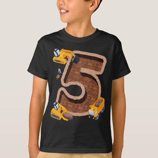 5th Birthday Excavator Construction Vehicles Party T-Shirt (Front)