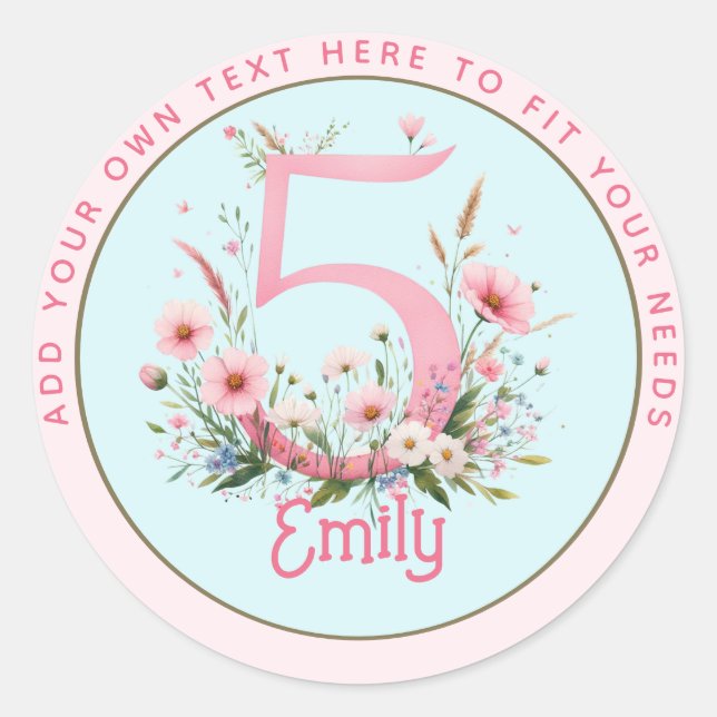 5th Birthday Fairy Floral Pink Princess Fairytale Classic Round Sticker (Front)
