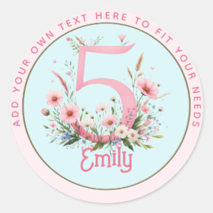 5th Birthday Fairy Floral Pink Princess Fairytale Classic Round Sticker