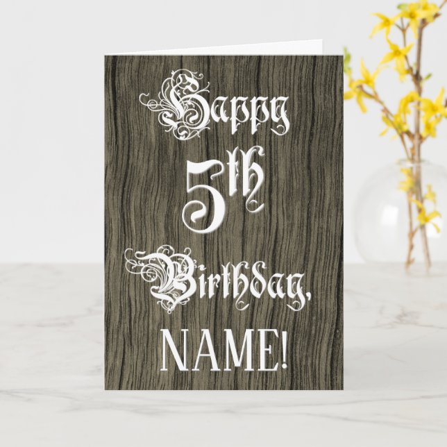 5th Birthday: Fancy, Elegant Text; Faux Wood Look Card (Yellow Flower)