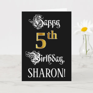 5th Birthday — Fancy Script; Faux Gold Look; Name Card