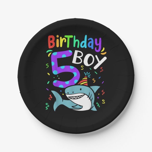 5th Birthday Five Years Old, Shark Gifts Paper Plate (Front)