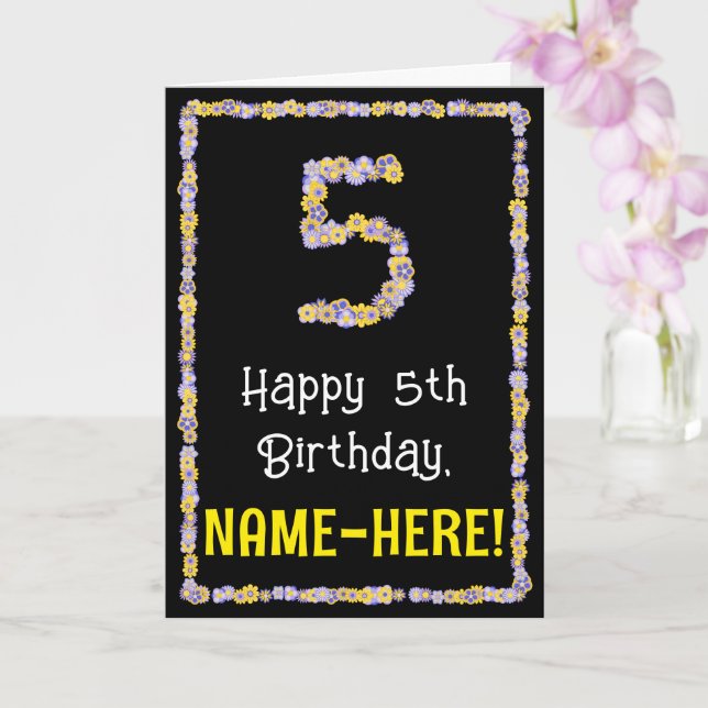 5th Birthday: Floral Flowers Number, Custom Name Card (Orchid)