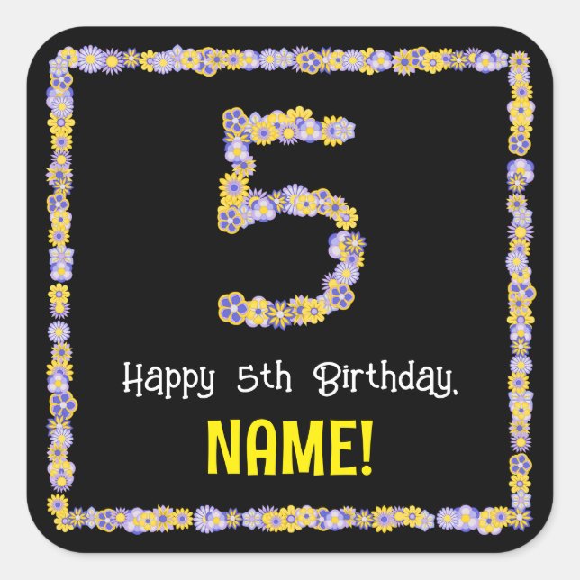 5th Birthday: Floral Flowers Number, Custom Name Square Sticker (Front)