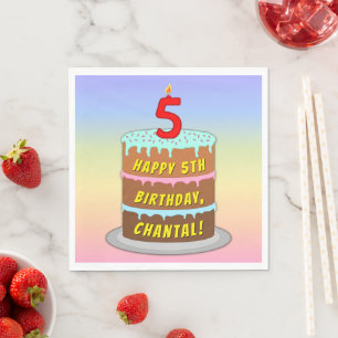 5th Birthday: Fun Cake and Candle + Custom Name Napkin
