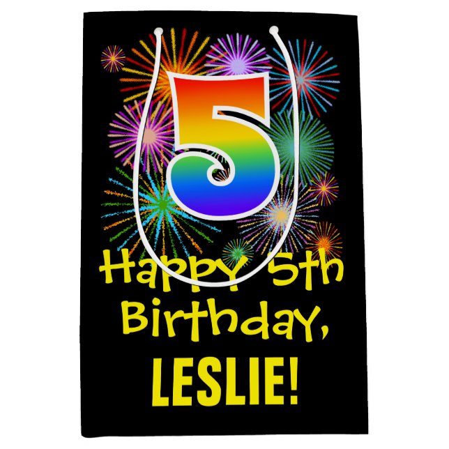 5th Birthday: Fun Fireworks Pattern + Rainbow 5 Medium Gift Bag (Front)