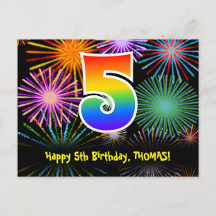 5th Birthday – Fun Fireworks Pattern + Rainbow 5 Postcard