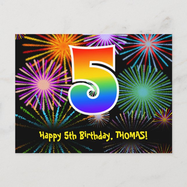5th Birthday – Fun Fireworks Pattern + Rainbow 5 Postcard (Front)